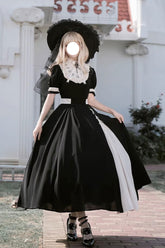 Black/White Short Sleeves Color-blocked with Detachable Embroidered Faux Collar Gothic Lolita Dress